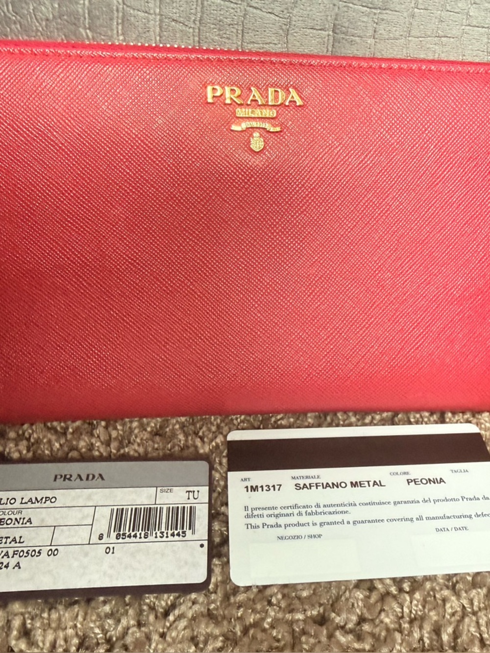 Prada Peonia Saffiano Leather Zip Wallet in Bright Pink with Gold Logo